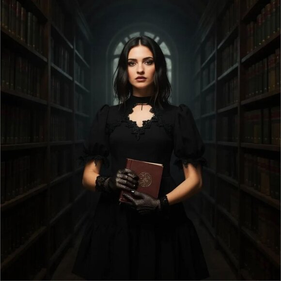 Angel Wing Doll Mini Dress Black Gothic Lace Up Back Puff Sleeve Elegant Alt S - Picture 8 of 8